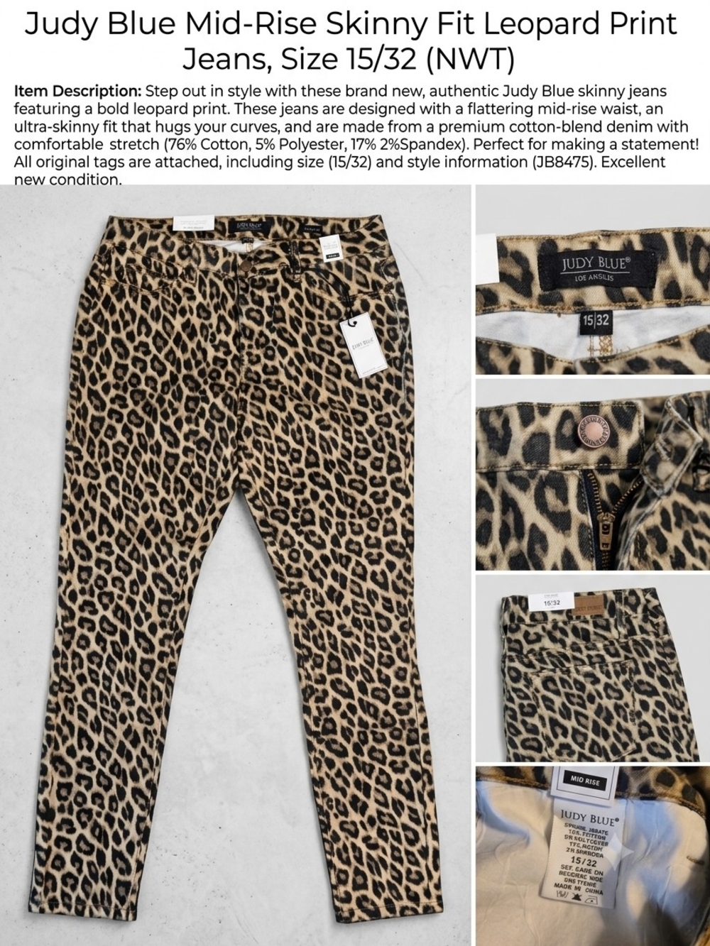 Judy Blue Mid-Rise Skinny Leopard Print Jeans - Tan/Black Size 15/32